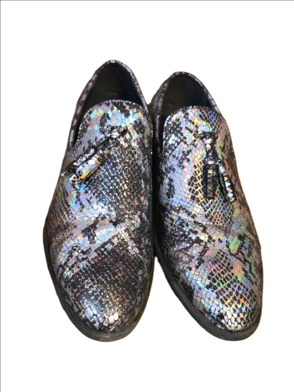 ASOS Design Men's Iridescent Snake Skin Loafers Tassel Silver" Size 8